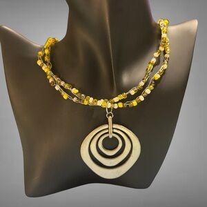 BEADED YELLOW AND SILVER MEDALLION NECKLACE